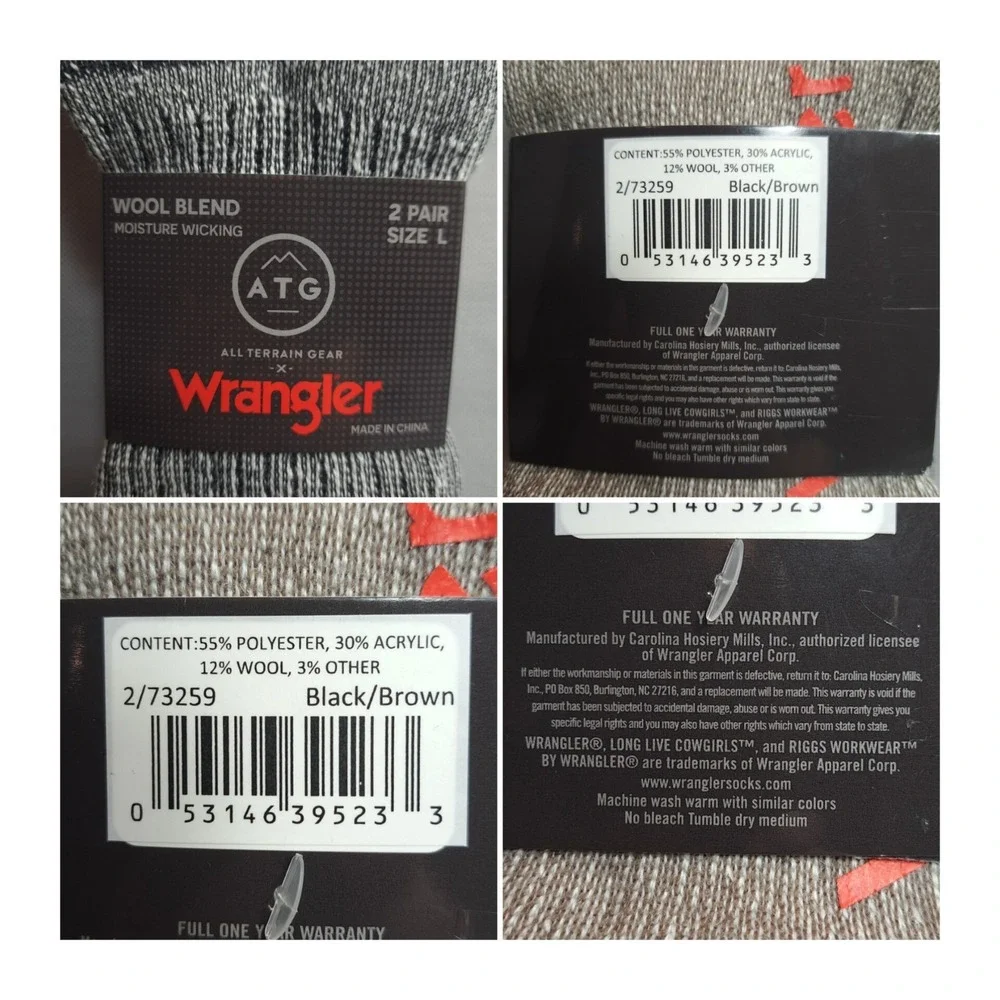 Wrangler ATG Men's 2 Pairs Size L Wool Blend Winter‎ Socks Black/Brown